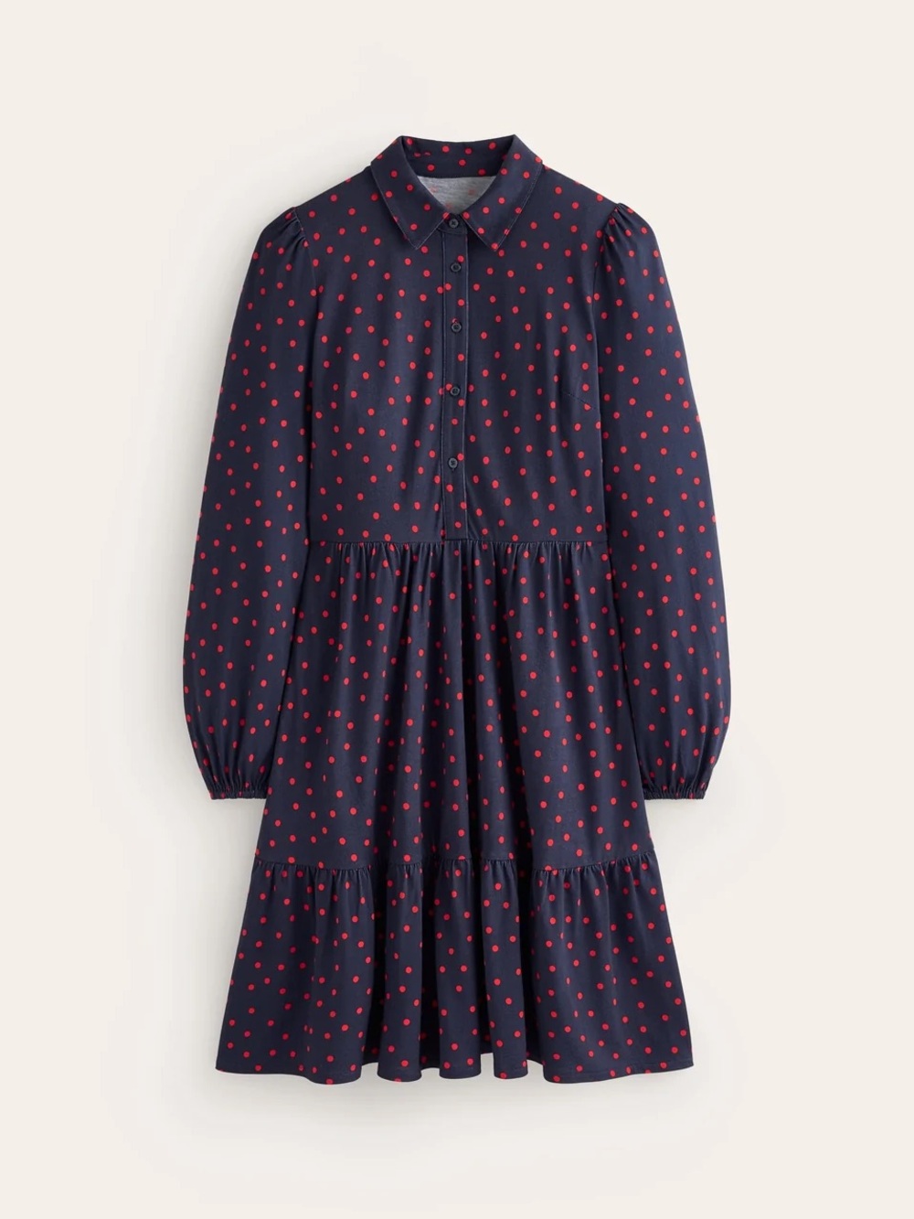 Boden Jemima Tiered Jersey Dress in Rouge Navy Sparse Spot Red, Women’s size 12